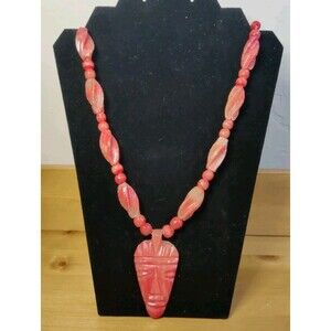 Vintage Carved Red Orange Mexican Onyx God Face Pendant ~28" Beaded Necklace
